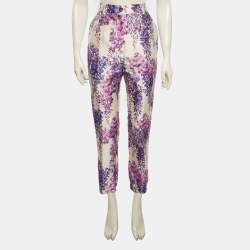 مملوكة مسبقًا بنطلون دولتشي آند غابانا حرير مزيج بطبعة الوستارية متعدد الألوان بخصر عالي مقاس صغير - سمول