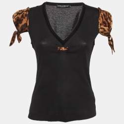 Pre Owned Dolce & Gabbana Black Leopard Print Satin and Jersey Top S