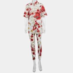 Pre Owned Dolce & Gabbana White Floral Print Cotton and Stretch Crepe Shirt and Pants Suit M/L