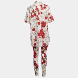 Pre Owned Dolce & Gabbana White Floral Print Cotton and Stretch Crepe Shirt and Pants Suit M/L