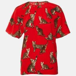 مملوكة مسبقًا Dolce & Gabbana Red Cat Printed Silk Short Sleeve Blouse S
