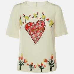 مملوكة مسبقًا Dolce & Gabbana Cream Love Printed Silk Top M