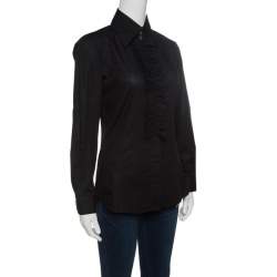 Pre Owned Dolce & Gabbana Black Cotton Ruffle Front Detail Shirt M