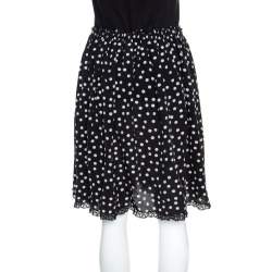 Pre Owned Dolce & Gabbana Monochrome Polka Dotted Lace Trim Silk Skirt M