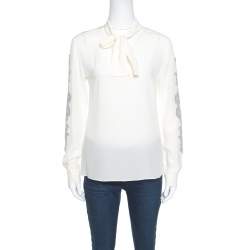Dolce & Gabbana Cream Silk Lace Applique Bow Tie Detail Blouse S
