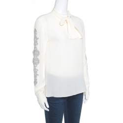 Dolce & Gabbana Cream Silk Lace Applique Bow Tie Detail Blouse S