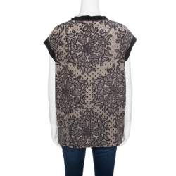 Pre Owned Dolce & Gabbana Beige and Black Lace Printed Silk Raw Edged Top M