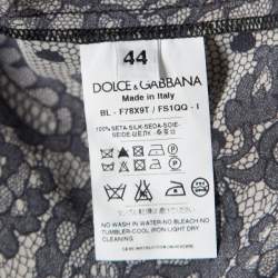 Pre Owned Dolce & Gabbana Beige and Black Lace Printed Silk Raw Edged Top M