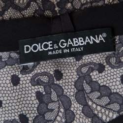 Pre Owned Dolce & Gabbana Beige and Black Lace Printed Silk Raw Edged Top M