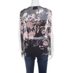 Pre Owned Dolce & Gabbana Black Floral Printed Sheer Silk Ruffled Applique Detail Sleeveless Top M