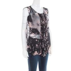 Pre Owned Dolce & Gabbana Black Floral Printed Sheer Silk Ruffled Applique Detail Sleeveless Top M