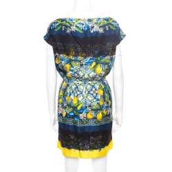 Pre Owned Dolce and Gabbana Lemon Mosaic Printed Silk Lace Trim Tunic Dress M