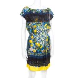 Pre Owned Dolce and Gabbana Lemon Mosaic Printed Silk Lace Trim Tunic Dress M