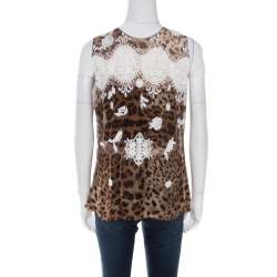 Pre Owned Dolce & Gabbana Leopard Printed Silk Contrast Lace Insert Sleeveless Top M