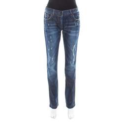Pre Owned Dolce & Gabbana Indigo Washed Denim Distressed Straight Fit Jeans M