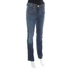 Pre Owned Dolce & Gabbana Indigo Dark Wash Faded Effect Chain Embellished Jeans S