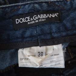 Pre Owned Dolce & Gabbana Indigo Dark Wash Faded Effect Chain Embellished Jeans S