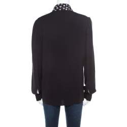 Pre Owned Dolce & Gabbana Monochrome Small Flower Print Silk Ruffled Bib Blouse M