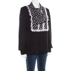 Pre Owned Dolce & Gabbana Monochrome Small Flower Print Silk Ruffled Bib Blouse M