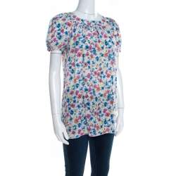 Pre Owned بلوزة دولتشي أند غابانا مطبوع مورد أكمام مكشكشة منفوشة أبيض S