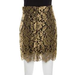 Pre Owned Dolce & Gabbana Metallic Gold Lace Overlay Scalloped Mini Skirt S