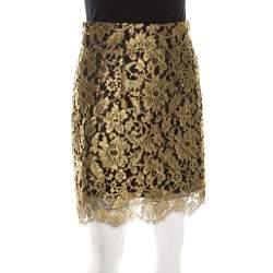 Pre Owned Dolce & Gabbana Metallic Gold Lace Overlay Scalloped Mini Skirt S