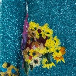 Dolce & Gabbana Metallic Blue Tinsel Rib Knit Floral Applique Sweater S