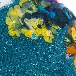 Dolce & Gabbana Metallic Blue Tinsel Rib Knit Floral Applique Sweater S