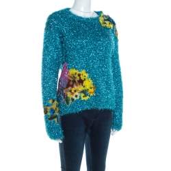 Dolce & Gabbana Metallic Blue Tinsel Rib Knit Floral Applique Sweater S