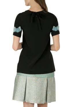 Pre Owned Dolce & Gabbana Black Silk Lace Applique Detail Short Sleeve Blouse S