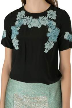 Pre Owned Dolce & Gabbana Black Silk Lace Applique Detail Short Sleeve Blouse S