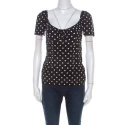 Pre Owned Dolce & Gabbana Black and White Polka Dot Printed Silk Bow Detail Top S