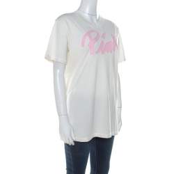 مملوكة مسبقًا Dolce & Gabbana Off White Cotton Pink Applique Crew Neck T-Shirt XL