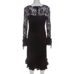Pre Owned Dolce & Gabbana Black Lace Ruffle Sleeve and Hem Detail Midi Dress M 