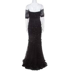 Pre Owned Dolce & Gabbana Black Embellished Tulle Ruched Off Shoulder Gown L