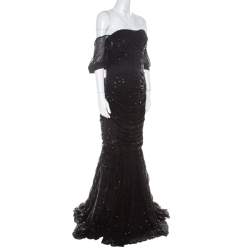 Pre Owned Dolce & Gabbana Black Embellished Tulle Ruched Off Shoulder Gown L