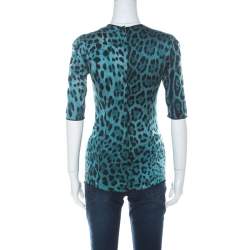 Pre Owned Dolce & Gabbana Blue Stretch Silk Leopard Print Three Quarter Sleeve Top S