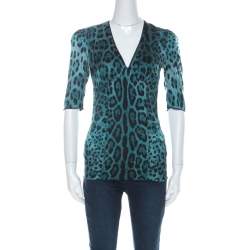 Pre Owned Dolce & Gabbana Blue Stretch Silk Leopard Print Three Quarter Sleeve Top S