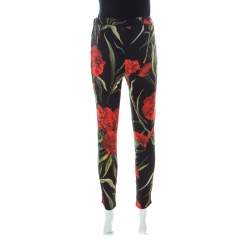 Pre Owned Dolce & Gabbana Black & Red Cady Carnation Print Miss Crepe Slim Leg Trousers M 