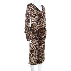 Pre Owned Dolce & Gabbana Brown Leopard Print Silk Ruched Midi Dress L