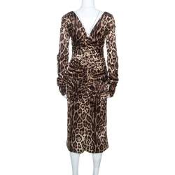 Pre Owned Dolce & Gabbana Brown Leopard Print Silk Ruched Midi Dress L