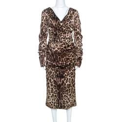 Pre Owned Dolce & Gabbana Brown Leopard Print Silk Ruched Midi Dress L