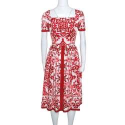Pre Owned Dolce & Gabbana Red Majolica Printed Cotton Pleated Midi Dress S