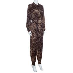 Pre Owned جمبسوت دولتشي أند غابانا مطبوع نقشة الفهد أزرار أمامية كريب بني XS 