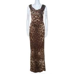 Pre Owned Dolce & Gabbana Brown Leopard Print Silk Draped Maxi Dress M