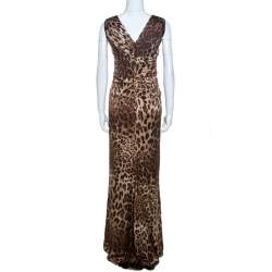 Pre Owned Dolce & Gabbana Brown Leopard Print Silk Draped Maxi Dress M