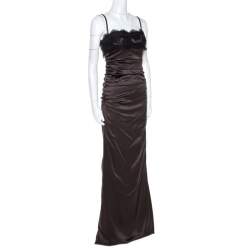 Pre Owned Dolce & Gabbana Brown Satin Lace Trim Ruched Maxi Dress M