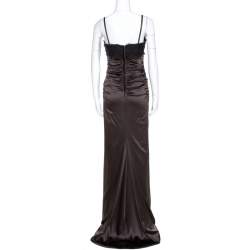 Pre Owned Dolce & Gabbana Brown Satin Lace Trim Ruched Maxi Dress M