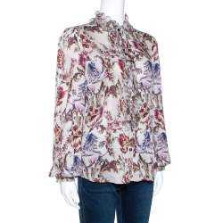Pre Owned Dolce & Gabbana Grey Floral Print Silk Ruffle Front Blouse M