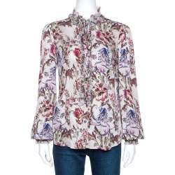 Pre Owned Dolce & Gabbana Grey Floral Print Silk Ruffle Front Blouse M